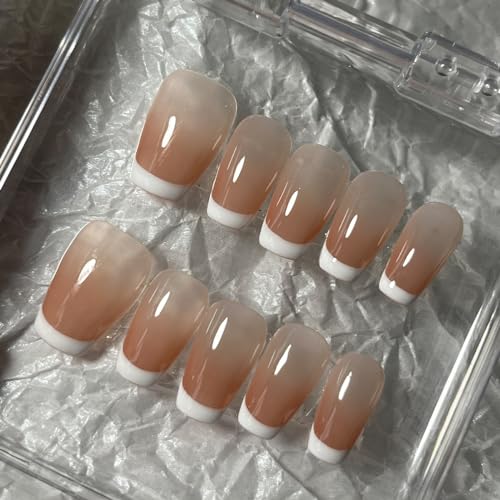 Handmade Press On Nails Short MouyouGlow, Ballerina Ombre Nude Natural White French Resuable Fake Nails with Self-Adhesive, Handmade Artificial Fingernails, 10 Pieces (#40-M)