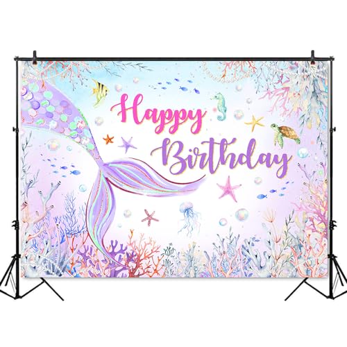 Mocsicka Mermaid Birthday Backdrop Blue Purple Mermaid Happy Birthday Background Under The Sea Mermaid Birthday Girls Birthday Party Decor Photo Booth Props (7x5ft)
