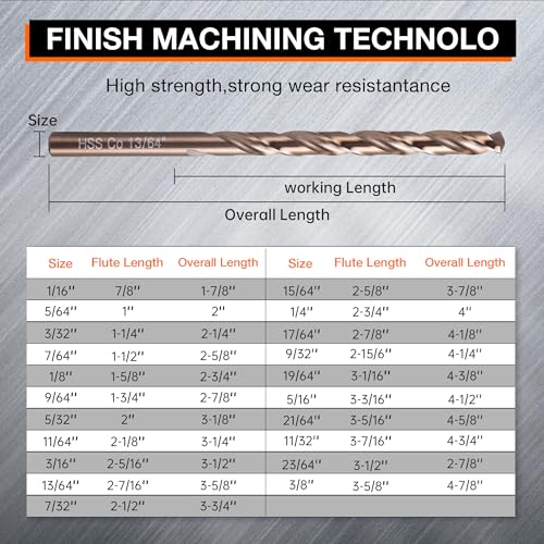 YOHANSEN 13Pcs Cobalt Drill Bit Set (1/16"-1/4"), High Speed Steel, Twist Jobber Length for Hardened Metal, Stainless Steel, Cast Iron, Wood, and Plastics, with Index Storage Case - Image 3