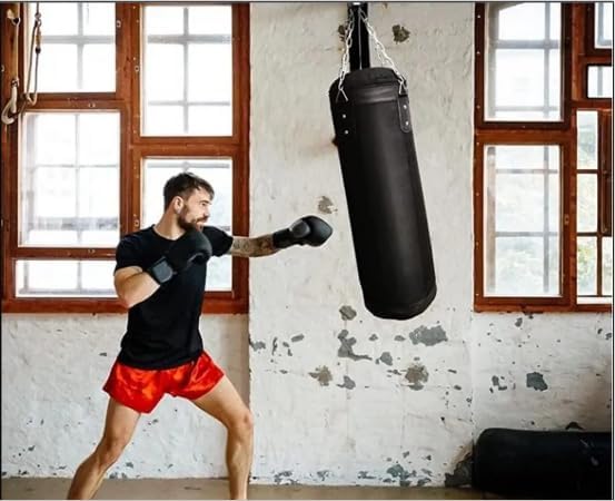Image of Punching Bag for Home Gym Heavy Duty Boxing Punching Bag with Stainless Steel Hanging Chain Unfilled Synthetic Leather and Hand Wrap for (MMA,Kickboxing,Muay Thai,Taekwondo,Judo,Karate). (2FT) Black