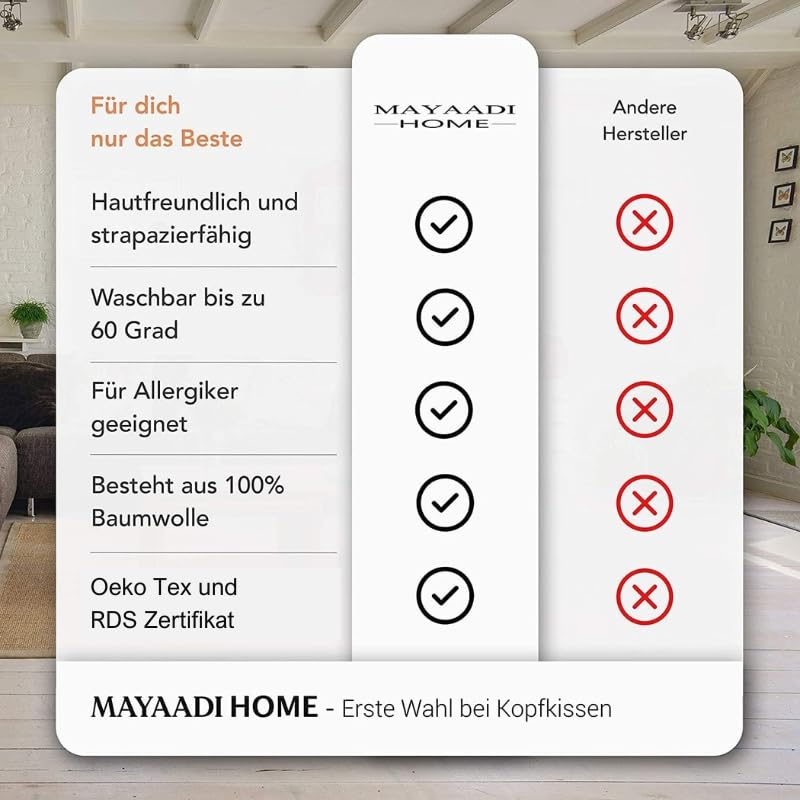 Mayaadi-Home Kopfkissen 80x80 cm | 3000g Füllung, 100% Federn | 100% Natur Bezug aus Baumwolle, geeignet für Allergiker | Made in Europe | HS14 Gänsefedern Kissen