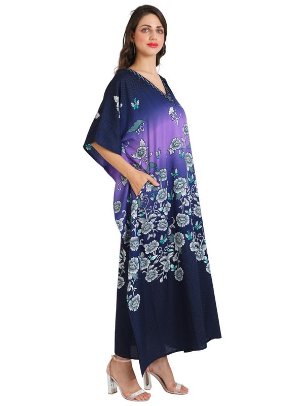 Image of Miss Lavish London Kaftan Dresses for Women Plus Size Long Batwing Sleeve Caftans, V Neck Moo Moo Printed Beach Cover Up Maxi Beach Dress, Bathing Suit Cover-Up Loungewear