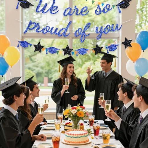 Image of We Are So Proud Of You Banner Graduation Party Decorations Glitter Congratulations Class Grad Ideas Blue