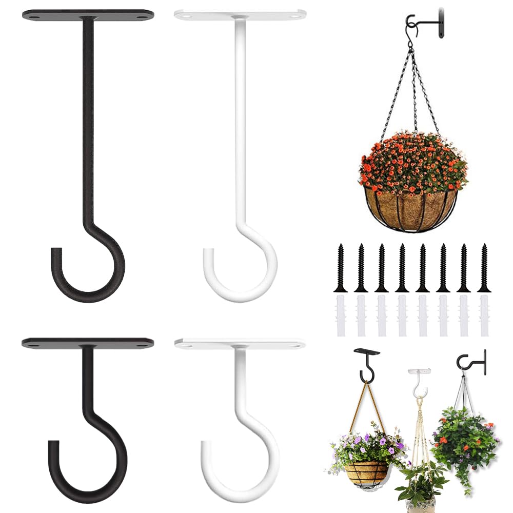 Trketk White, Black 4 Pcs Ceiling Hooks For Hanging Plants, Square Wall Mount Plant Hanger Metal Plant Bracket Iron Lanterns Hangers Wall Mounted Screw-In Hooks With Screws For Bird Feeders, Lanterns, Planters
