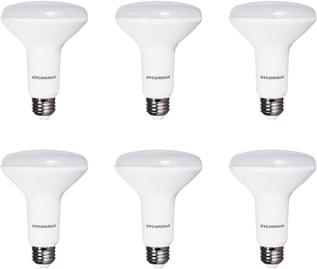 Six Sylvania LED BR30 light bulbs in a pack.