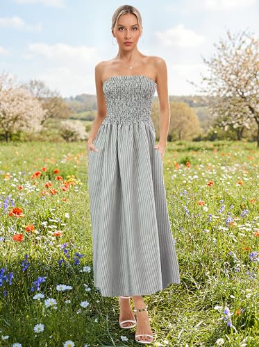 Image of Aigeman Women Strapless Tube Maxi Dress Flowy Swing Long Beach Sundress Sleeveless Boho Summer Dress with Pokets 330