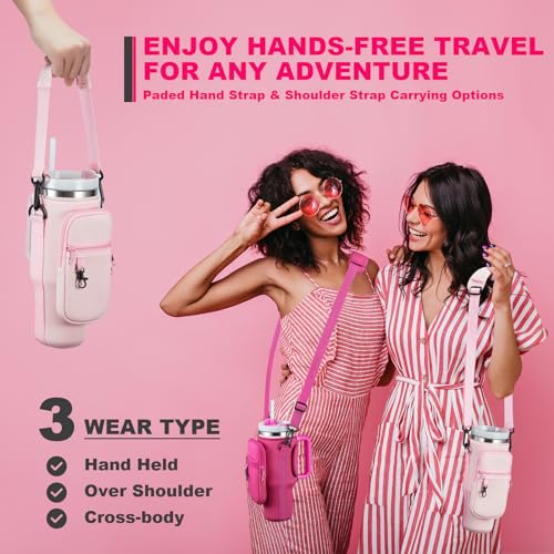 Image of 30oz Water Bottle Carrier Bag with Phone Pocket for Pink Stanley 30 oz Tumbler with Handle, Neoprene Water Cup Holder Pouch with Strap for Valentines Stanley Cup Accessories