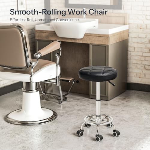 HOOBRO Round Rolling Stool with Wheel, Height Adjustable Swivel Stool, PU Leather Chair, Swivel Drafting Chair with Footrest, for Beauty Shop, Hair Salon, Bar, Studio, Black and Silver SB12BY01 by HOOBRO - Image 5