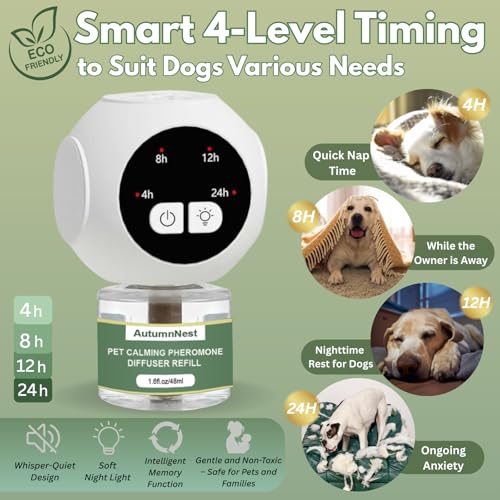 Image of Dog Calming Pheromone Diffuser Kit with Timer - 2 Plug-Ins + 4 Refills - Smart 4-Level Timing Calming Aid - Stress Relief for Dogs - Help with Anxiety, Barking, Fighting, Thunder, Travel, Vet Visits