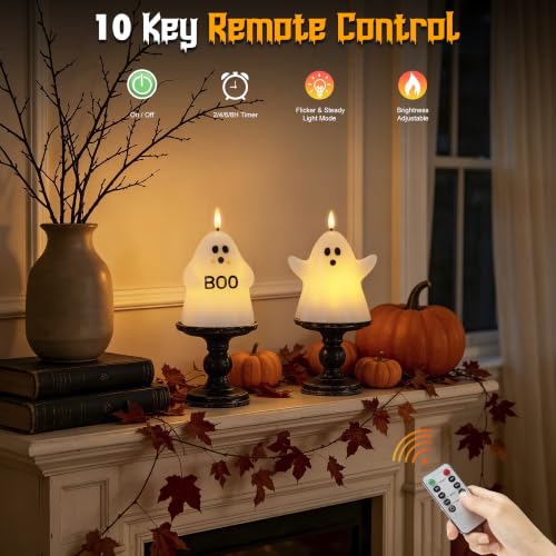 Image of Halloween Flameless Candles with Remote, Ghost Battery Operated Candles Wax | Flickering LED Fake Candle, Timer, Dimmer, Flickering Mode, Halloween Decor for Table, Fireplace, Home, Party, Festival