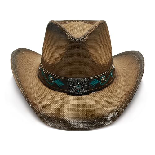 Image of YOUBADU Western Straw Cowboy and Cowgirl Hats with Decorative Bands - Unisex Wide Brim Raffia Style Sun Hat