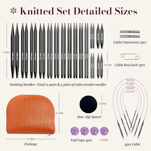 Image of Yarniss 15 Pairs Circular Knitting Needle Combo, 4.5-Inch Round Knitting Needle 3.0~8.0mm, 2.16-Inch Shorties Needles US Size 2.5-10, Interchangeable Aluminum Cable Needles with Case