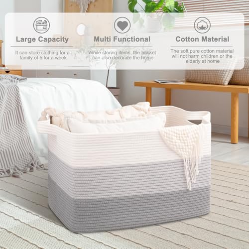 Image of OIAHOMY Extra Large Blanket Basket, 95L Cotton Rope Woven Laundry Basket, Toy Bin for Baby Room, Container for Blanket Storage in Living Room, 24''x17''x14'', Gradient Grey