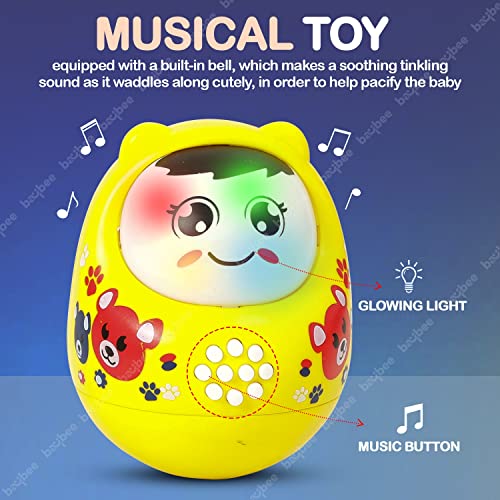 Image of Baybee Musical Toy Roly Poly for Babies 6+ Months with Blinking Eyes, Bell Sound & Glowing Light | Push & Shake Wobbling Tumbler Doll | Sensory Balancing Toy for Baby Boys & Girls (Yellow)