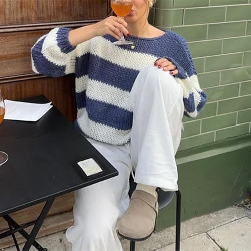 Women's Knit Striped Sweater Oversized Color Clock Long Sleeve Crewneck Pullover Jumpers Cute Trendy Sweater3