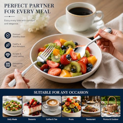 Image of 8-Piece Compact Silverware Set, 6.7-Inch Stainless Steel Teaspoons and Salad Forks, Space-Saving Flatware, Mirror Polished, Dishwasher Safe for Home Kitchen