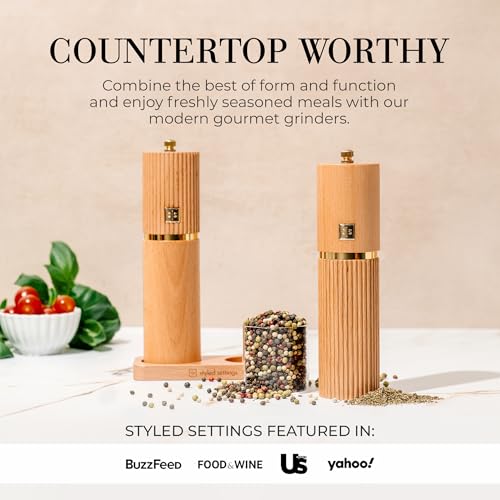 Styled Settings Wooden Salt and Pepper Grinder Set with Gold Accents – Refillable Wooden Manual Salt and Pepper Mill Set with Adjustable Ceramic Mills & Matching Wood Stand - Ideal for Gifting - Image 3