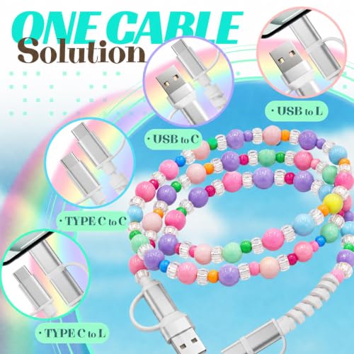 Image of 4-in-1 Beaded Charging Cable, MFi Certified, Works with CarPlay, 3.3FT 60W Fast Charger Cord for iPhone 17 /16 /15 /14 /13 /12 /11, iPad, Samsung, Android and More (Candy Pop)