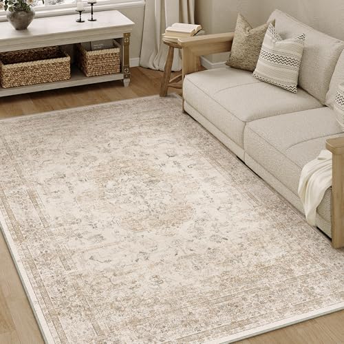 PureCozy Vintage Washable Beige Rugs for Bedroom Living Room 120x170cm, Distressed Soft Area Rugs with Non-Slip Backing, Traditional Printed Low-Pile for Kitchen Dining Room Laundry Office