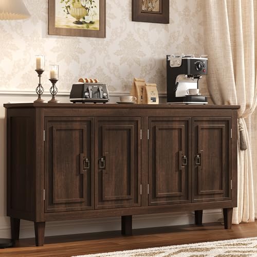 knoworld 60" Mid Century Sideboard Cabinet with 4 Doors,Solid Wood Storage Buffet Cabinet& Coffee Station,Organization Console for Dining Room & Living Room
