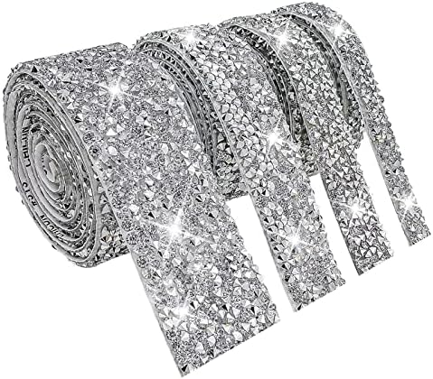 4 Rolls/4 Yards Rhinestone Ribbon, Self Adhesive Crystal Rhinestones Ribbon Bling Wrap, Diamonds Rhinestone Strips DIY Rhinestones for Crafts, Arts, Phone, Vases, Car, Wedding Cake Decoration (Silver)
