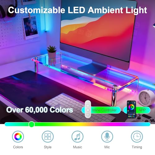 Image of 0.39 inch Extra Thick Acrylic Monitor Stand Riser, Clear | 23.6 inch x 9.1 inch x 3.5 inch Acrylic Desk Shelf with RGB Lighting & Dual Control-App & Button Control,for Office Desktop Organizer