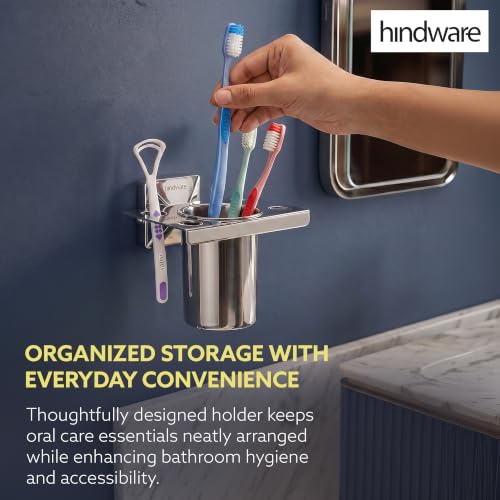 Image of Hindware Stelo Tooth Brush Holder for Bathroom | Superior Stainless Steel | Mirror Like Chrome Finish | Corrosion Resistant Toothbrush Holder | Dimension (mm): 125 * 112 * 99 | 1-Year Warranty