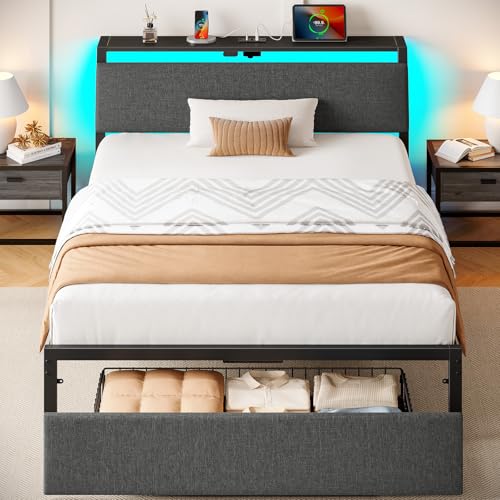 Rolanstar Twin Bed Frame with Ergonomic Headboard Storage & Charging Station, Upholstered Platform Bed with LED Light & Drawer, Heavy Duty Metal Slats, Noise Free, No Box Spring Needed, Grey