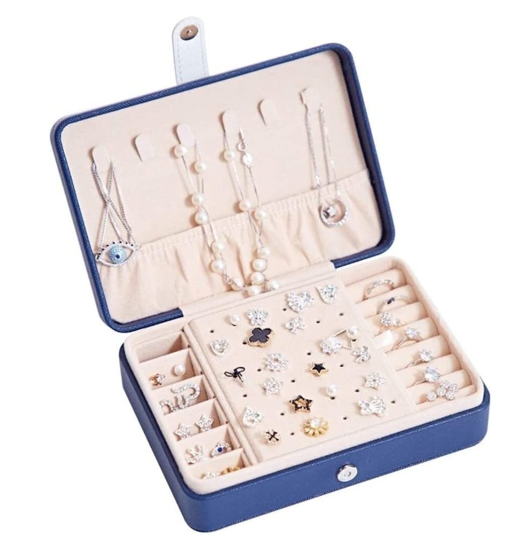Boîte à Bijoux Boîte À Bijoux Portable Bijoux Affichage Organisateur De Stockage En Cuir Anneaux Boucles D'oreilles Collier Étui À Bijoux Pour Les Femmes Rangement Pour Bijoux(Dark blue-button)