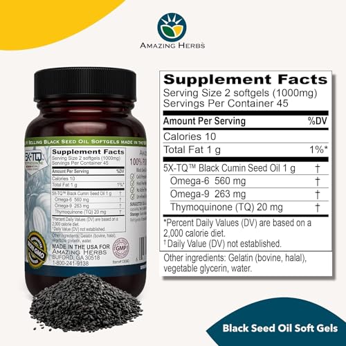 image for Amazing Herbs Premium Black Seed Oil Capsules - Gluten Free, Non GMO, 