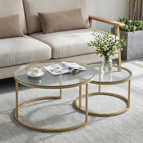 buybyroom Lot de 2 tables basses rondes gigognes avec bases en métal et plateau en verre, table d'appoint pour salon, bureau, balcon, chambre à coucher, table...