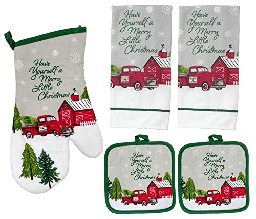 Red Truck Christmas Kitchen Set - Pot Holders, Oven Mitts and Towels