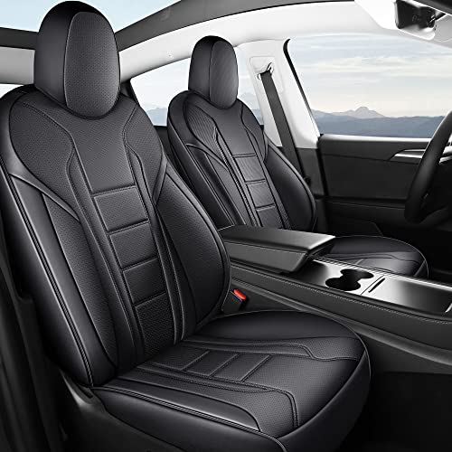 Image of FREESOO 2pc Seat Covers for Tesla Model Y Front, Car Seat Cover Faux Leather Seat Protector Replacement Waterproof 2020 2021 2022 2023 2024 Black