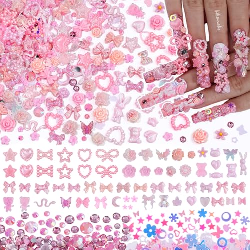 400Pcs Pink Nail Charms Kit 3D Nail Gems and Rhinestones Flatback Pearls Mixed Shape Set Heart Rabbit Butterfly Flower Bow Acrylic Resin Nail Art Decorations DIY Craft (Pink)