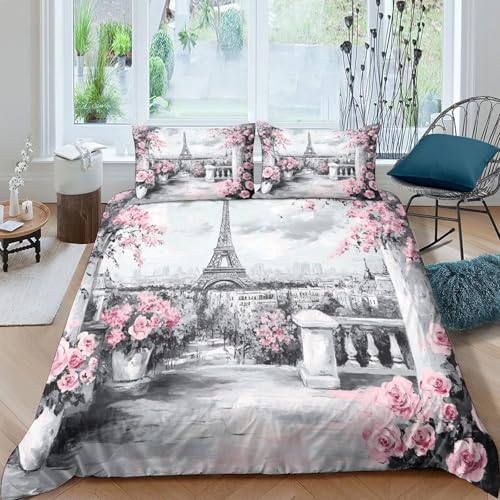Paris view Ensemble De Literie Microfibre Hypoallergique 3 Pièces 3D Imprimée Léger Romantique garden style Parure de Lit avec 2 x Taies d'oreiller Super Douce for...