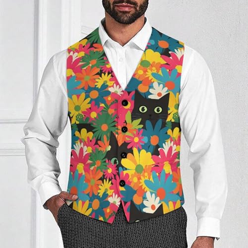 Black Cat Hiding in Spring Flowers Novelty Men's Suit Vest Casual Formal Dress Vests Business Waistcoat2