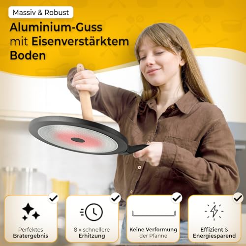 Crepe Pfanne Induktion 26cm mit 3-facher Antihaftbeschichtung inkl. Spatel & Verteiler aus deutschem Buchenholz - Pfannkuchenpfanne für ALLE Herdarten - Flache Crepes Pfanne ohne PFOA + PFOS – Bild 7