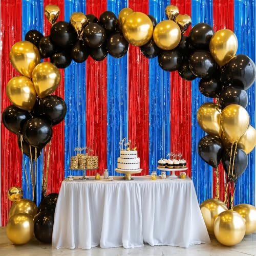 Image of 2Pack Red Blue Metallic Tinsel Foil Fringe Curtains, Blue Door Streamers Photo Booth Backdrop for Birthday Party, Tinsel Curtain Backdrop for Baby Shower Bachelorette Xmas Party Decorations