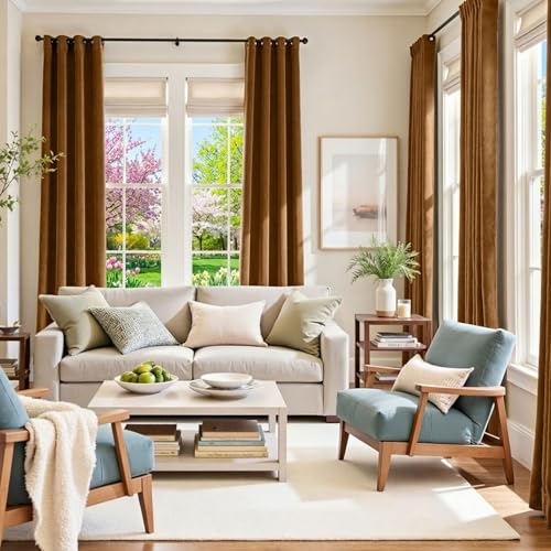 Image of Blackout Golden Brown Velvet Curtains Grommet 52x90 Inch 2 Panels | Soft Velvet, For Bedroom & Living Space, Light Shifting Texture, Elegant Luxury Drape, Rich