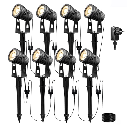 Lam(MS)pen 8 focos de jardín LED de luz de jardín blanco cálido COB, focos led exterior calido con Pincho, Garden Lighting12V 24W IP65 impermeable 2100LM 22.5m de cable para exterior, árbol de césped