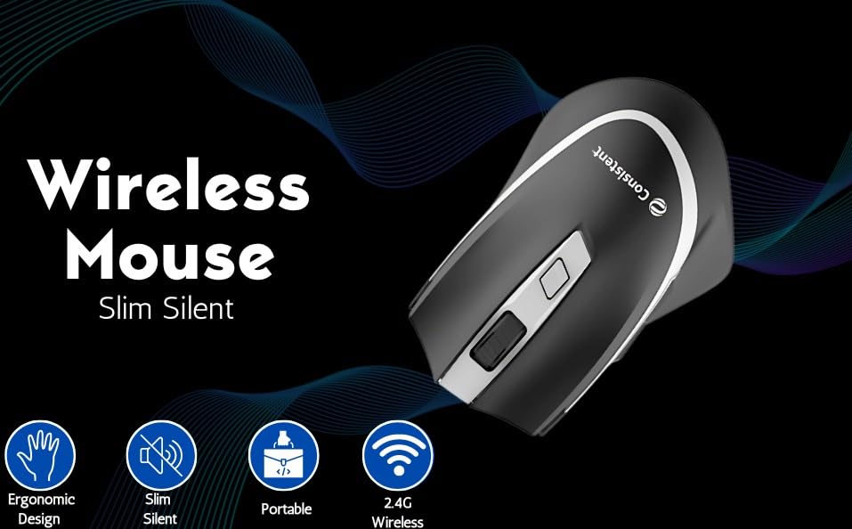 Image of Consistent Fusion Wireless Mouse (MG1151) Wireless Mouse, 2.4GHz with USB Nano Receiver, High Precision Optical Tracking, Buttons, Plug & Play, Ambidextrous, for PC /Mac /Laptop (Black)
