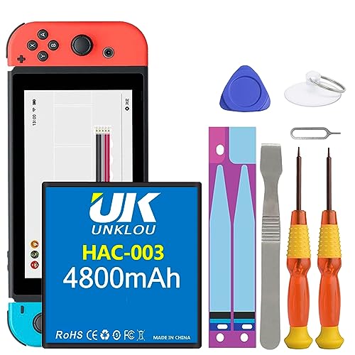 UNKLOU HAC-003 Battery, Newest 4800mAh Li-Polymer Replacement Battery for Switch 2017 Game Console HAC-001 Internal Battery, Part Number HAC-003 HAC-A-BPHAT-C0 with Repair Replacement Tool Kit