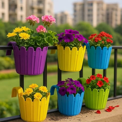 Image of Premium 6 inch Railing Planter with Hook - Durable Plastic Hanging Flower Pot for Balcony, Fence Design Gamla for Indoor /Outdoor Plants, Herbs & Creepers (3, Mix)