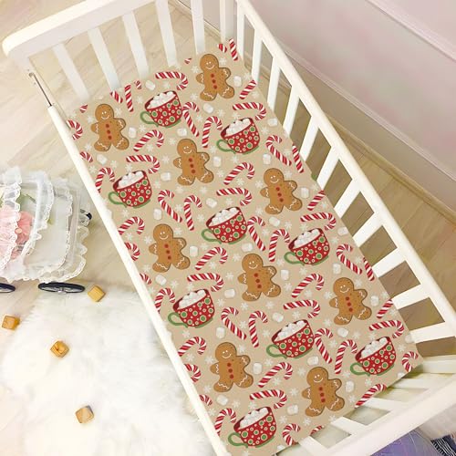Image of Cute Christmas Gingerbread Man Crib Sheets Soft Breathable Fitted Baby Crib Sheets Mattress Cover for Girl Boys, 52 inch x 28 inch x 9 inch
