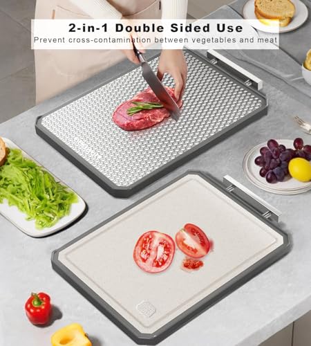 Tabla de cortar de acero inoxidable, grande de 15" × 11", de doble cara para cocina, superficies de acero no tóxico y polipropileno de paja de trigo apto para alimentos, resistente a rayaduras y apta para lavavajillas miniatura 4