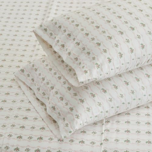 Image of Martha Stewart - Queen Sheet Set with Fitted Sheet & Pillowcases, Soft Cotton Flannel Bedding, Deep Pocket, Vintage Rose Pink