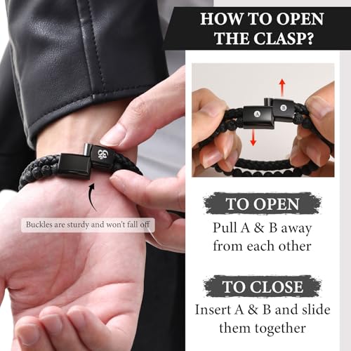 MEALGUET Men's Lava Rock Bracelet Healing Balancing Braided Leather Bracelets with Magnetic Clasp, 2 Layered Symbol Cuff Bracelets, 8.4"4