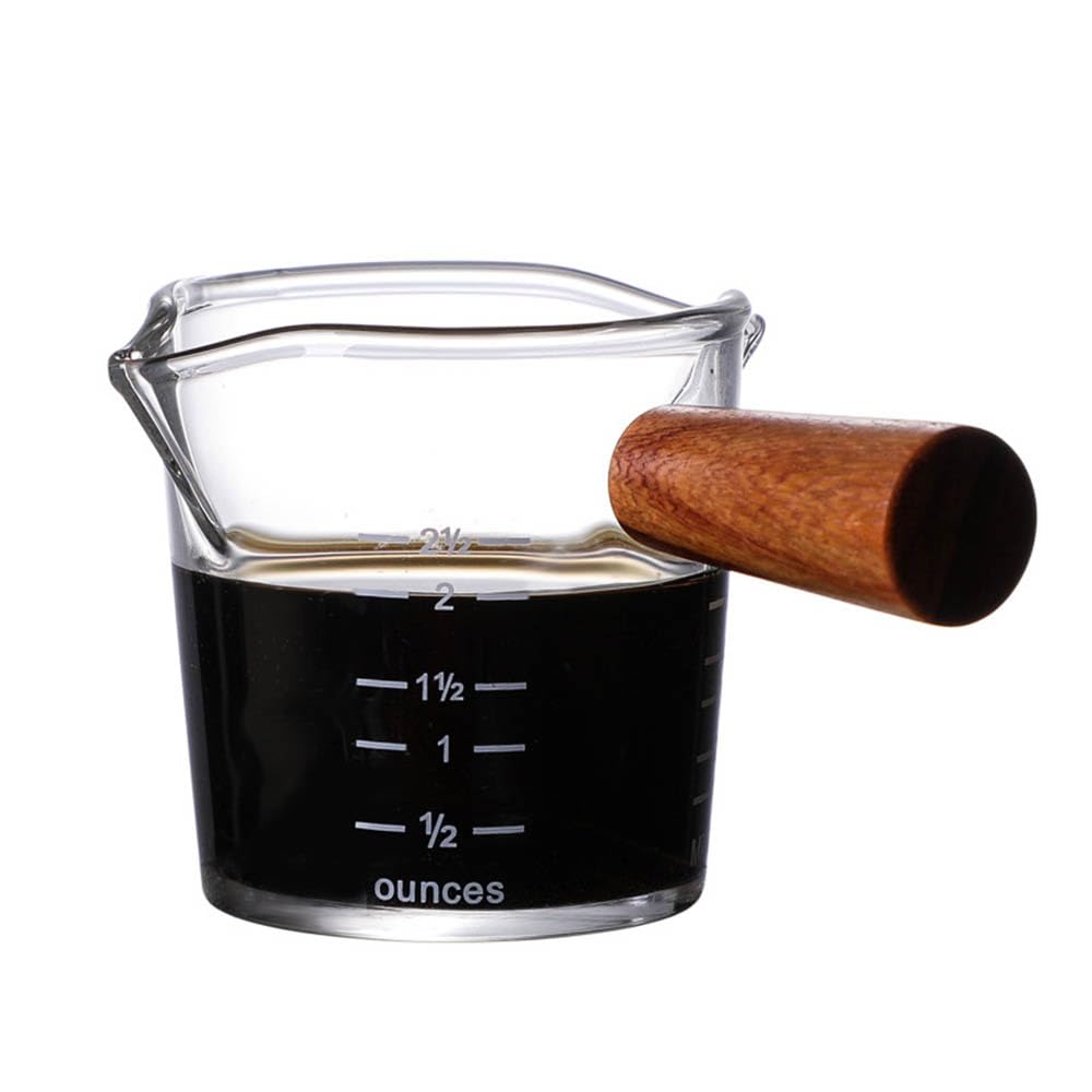 Espresso Glass Pomiar Cup,Espresso Shot Glass,Podwójna wylewka Akcesoria do espresso z drewnianym uchwytem Jako dozownik do kawy Mleko lub Sos