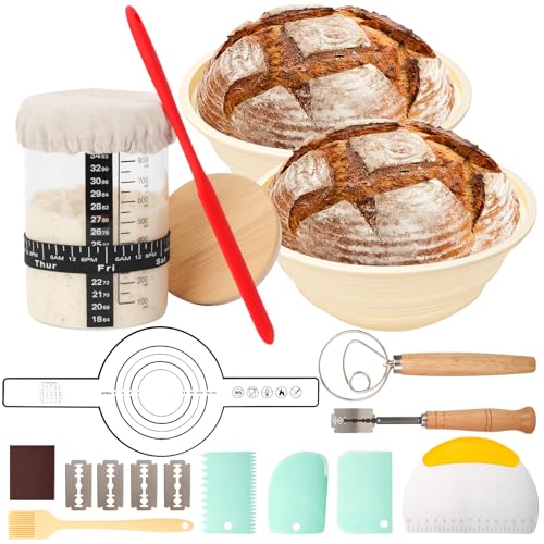 HOXHA Sourdough Starter Kit Bread Baking Supplies Bread Proofing Basket set of 2 9inch Round Bread Proofing Basket 34Oz Sourdough Starter Jar