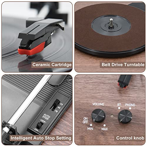 Mpk Bluetooth Record Player,Turntable Hifi System With Bookshelf Speakers, 3-Speed Belt-Drive Vinyl Turntable For Vinyl Records With Wireless Playback And Auto-Stop,Walnut Wood #TOP7